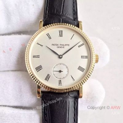 Swiss Copy Patek Philippe Calatrava Watch Yellow Gold Black Leather Strap 38mm